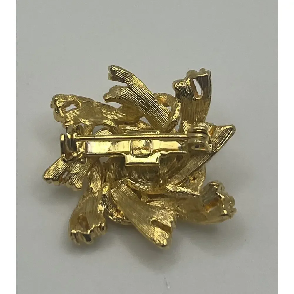 Vintage MCM Textured & Brushed Gold Tone Faux Pearl Flower? Costume Brooch